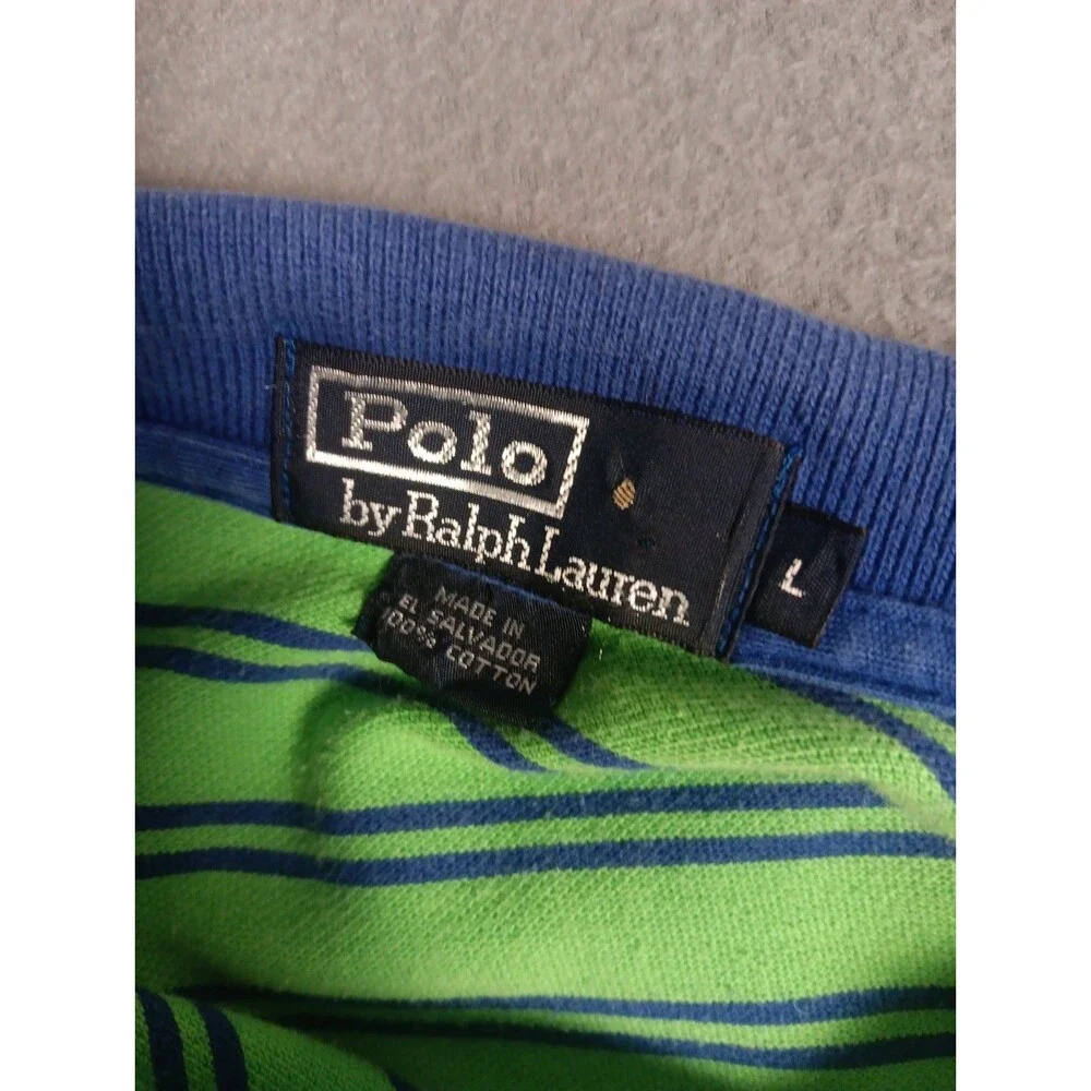 Vintage Polo Ralph Lauren Men's Lime Green and Navy Striped Polo Size LG Kanye